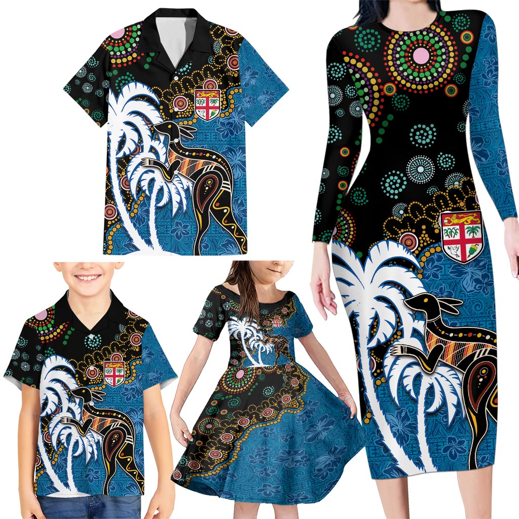 Fiji Palm Tree and Australia Kangaroo Family Matching Long Sleeve Bodycon Dress and Hawaiian Shirt Aboriginal Mix Tapa Pattern LT03 - Polynesian Pride