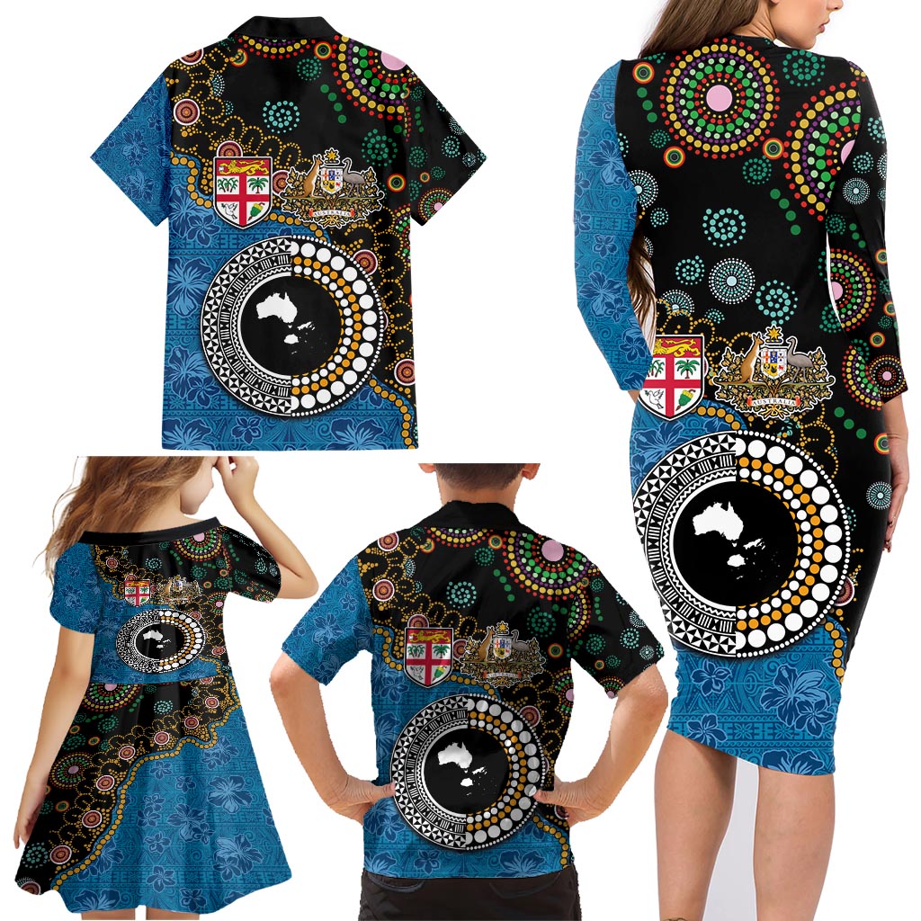 Fiji Palm Tree and Australia Kangaroo Family Matching Long Sleeve Bodycon Dress and Hawaiian Shirt Aboriginal Mix Tapa Pattern LT03 - Polynesian Pride