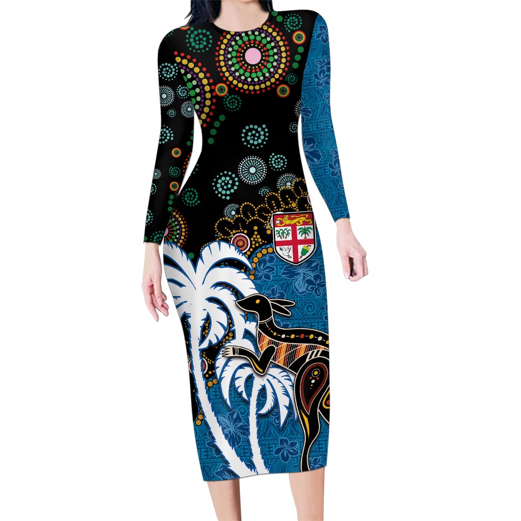 Fiji Palm Tree and Australia Kangaroo Family Matching Long Sleeve Bodycon Dress and Hawaiian Shirt Aboriginal Mix Tapa Pattern LT03 Mom's Dress Blue - Polynesian Pride