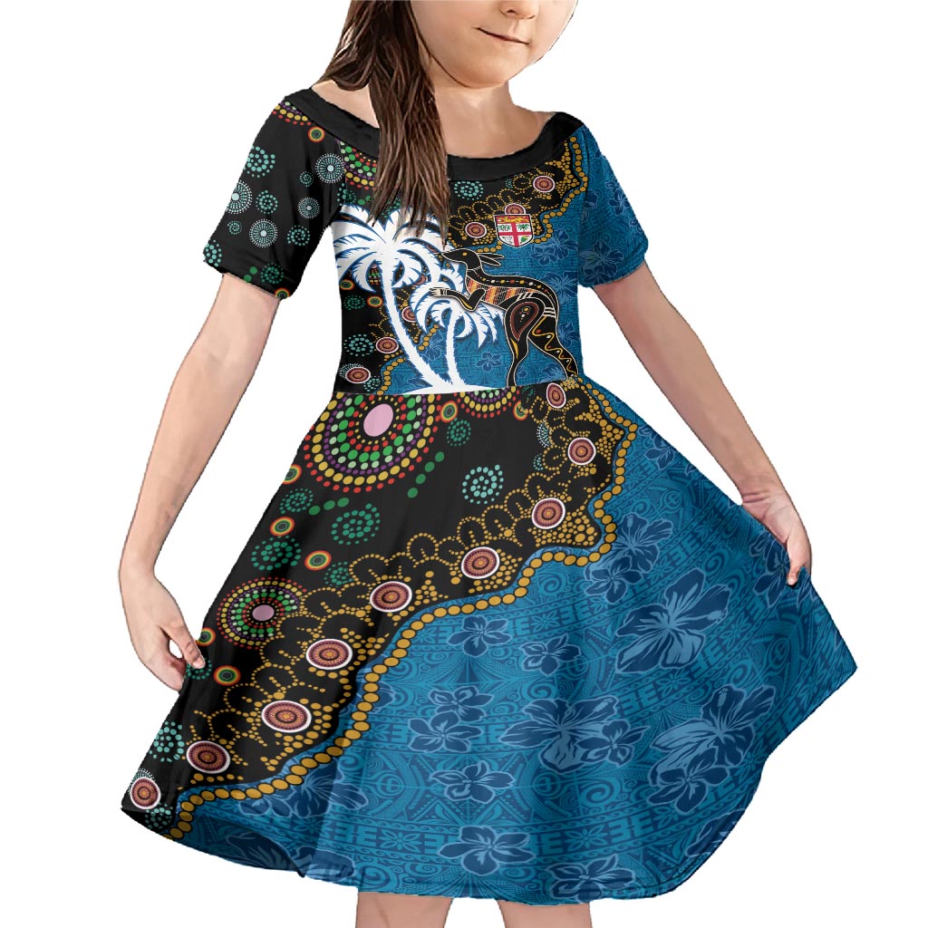 Fiji Palm Tree and Australia Kangaroo Family Matching Mermaid Dress and Hawaiian Shirt Aboriginal Mix Tapa Pattern LT03 Daughter's Dress Blue - Polynesian Pride