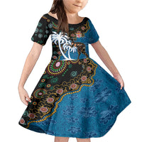 Fiji Palm Tree and Australia Kangaroo Family Matching Mermaid Dress and Hawaiian Shirt Aboriginal Mix Tapa Pattern LT03 Daughter's Dress Blue - Polynesian Pride