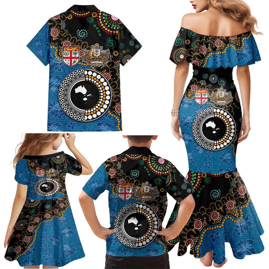 Fiji Palm Tree and Australia Kangaroo Family Matching Mermaid Dress and Hawaiian Shirt Aboriginal Mix Tapa Pattern LT03 - Polynesian Pride