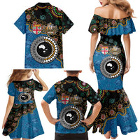 Fiji Palm Tree and Australia Kangaroo Family Matching Mermaid Dress and Hawaiian Shirt Aboriginal Mix Tapa Pattern LT03 - Polynesian Pride