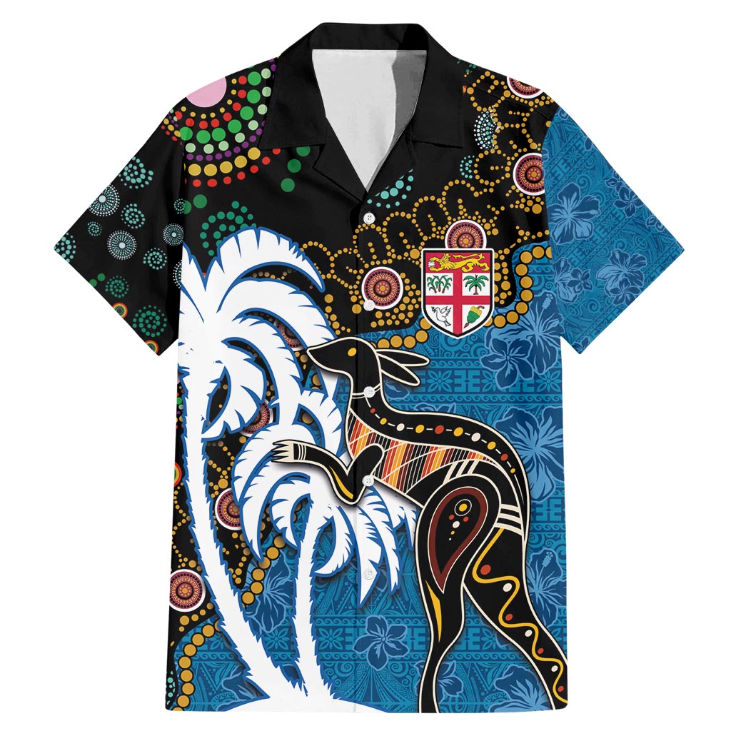 Fiji Palm Tree and Australia Kangaroo Family Matching Mermaid Dress and Hawaiian Shirt Aboriginal Mix Tapa Pattern LT03 Dad's Shirt - Short Sleeve Blue - Polynesian Pride