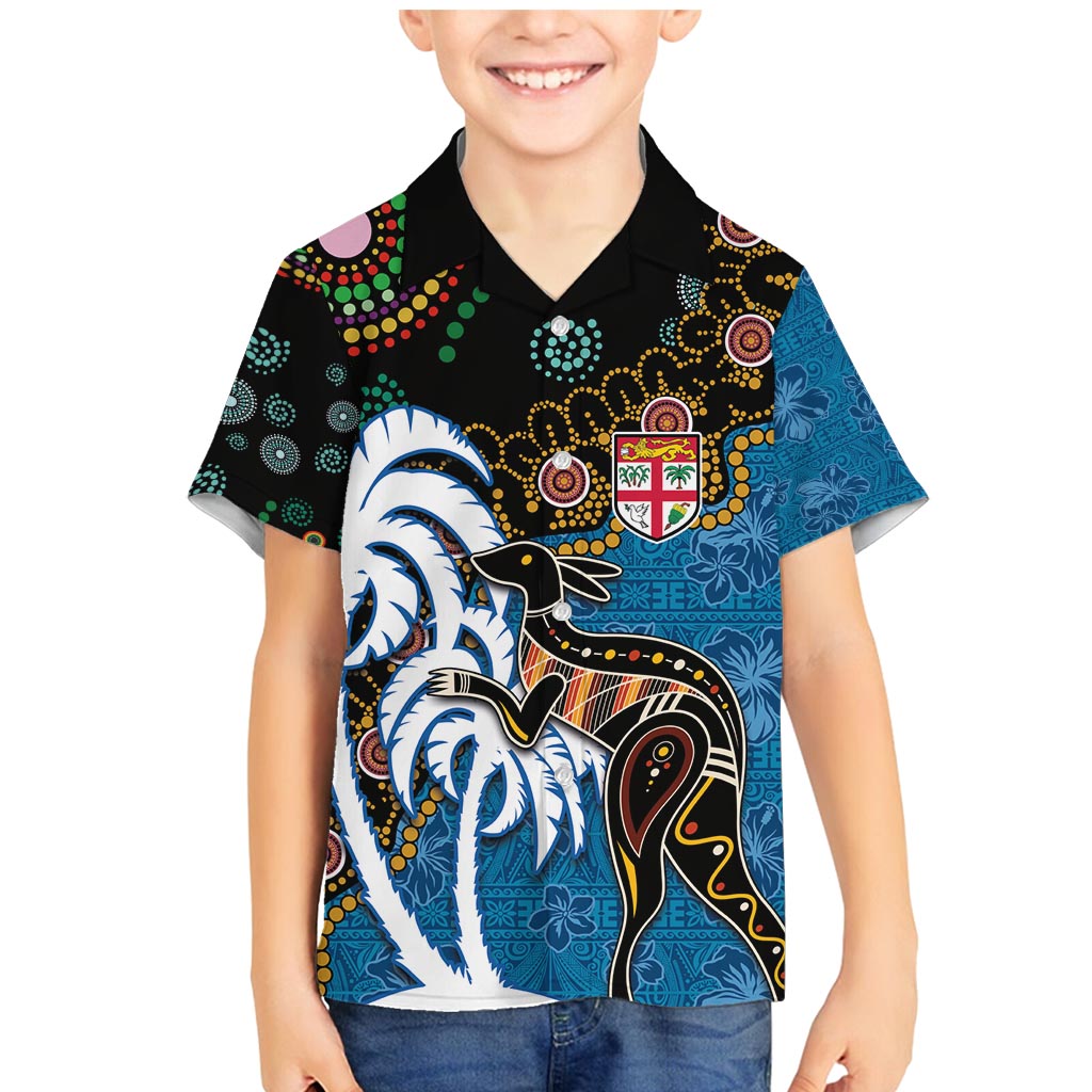 Fiji Palm Tree and Australia Kangaroo Family Matching Mermaid Dress and Hawaiian Shirt Aboriginal Mix Tapa Pattern LT03 Son's Shirt Blue - Polynesian Pride