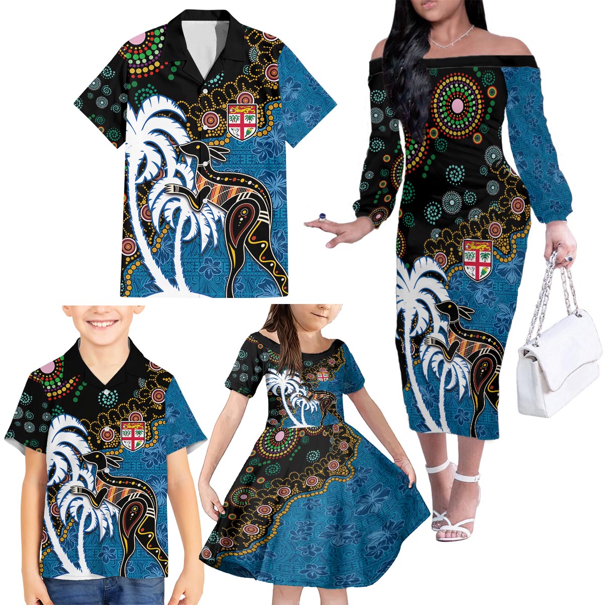 Fiji Palm Tree and Australia Kangaroo Family Matching Off The Shoulder Long Sleeve Dress and Hawaiian Shirt Aboriginal Mix Tapa Pattern LT03 - Polynesian Pride