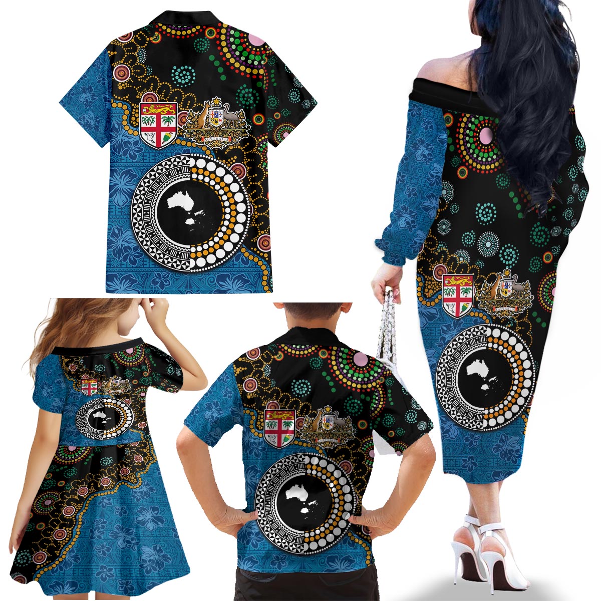 Fiji Palm Tree and Australia Kangaroo Family Matching Off The Shoulder Long Sleeve Dress and Hawaiian Shirt Aboriginal Mix Tapa Pattern LT03 - Polynesian Pride