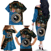 Fiji Palm Tree and Australia Kangaroo Family Matching Off The Shoulder Long Sleeve Dress and Hawaiian Shirt Aboriginal Mix Tapa Pattern LT03 - Polynesian Pride