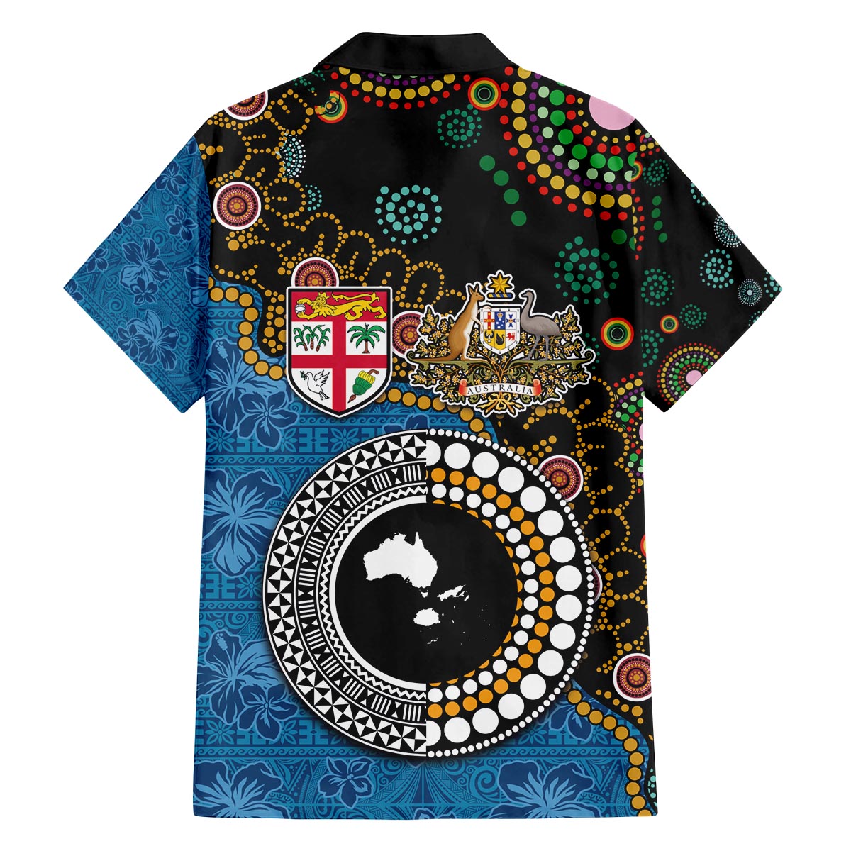 Fiji Palm Tree and Australia Kangaroo Family Matching Off The Shoulder Long Sleeve Dress and Hawaiian Shirt Aboriginal Mix Tapa Pattern LT03 - Polynesian Pride