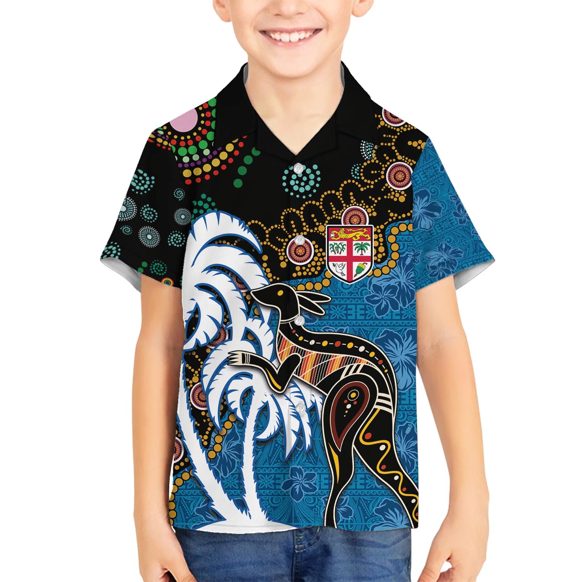 Fiji Palm Tree and Australia Kangaroo Family Matching Off The Shoulder Long Sleeve Dress and Hawaiian Shirt Aboriginal Mix Tapa Pattern LT03 Son's Shirt Blue - Polynesian Pride
