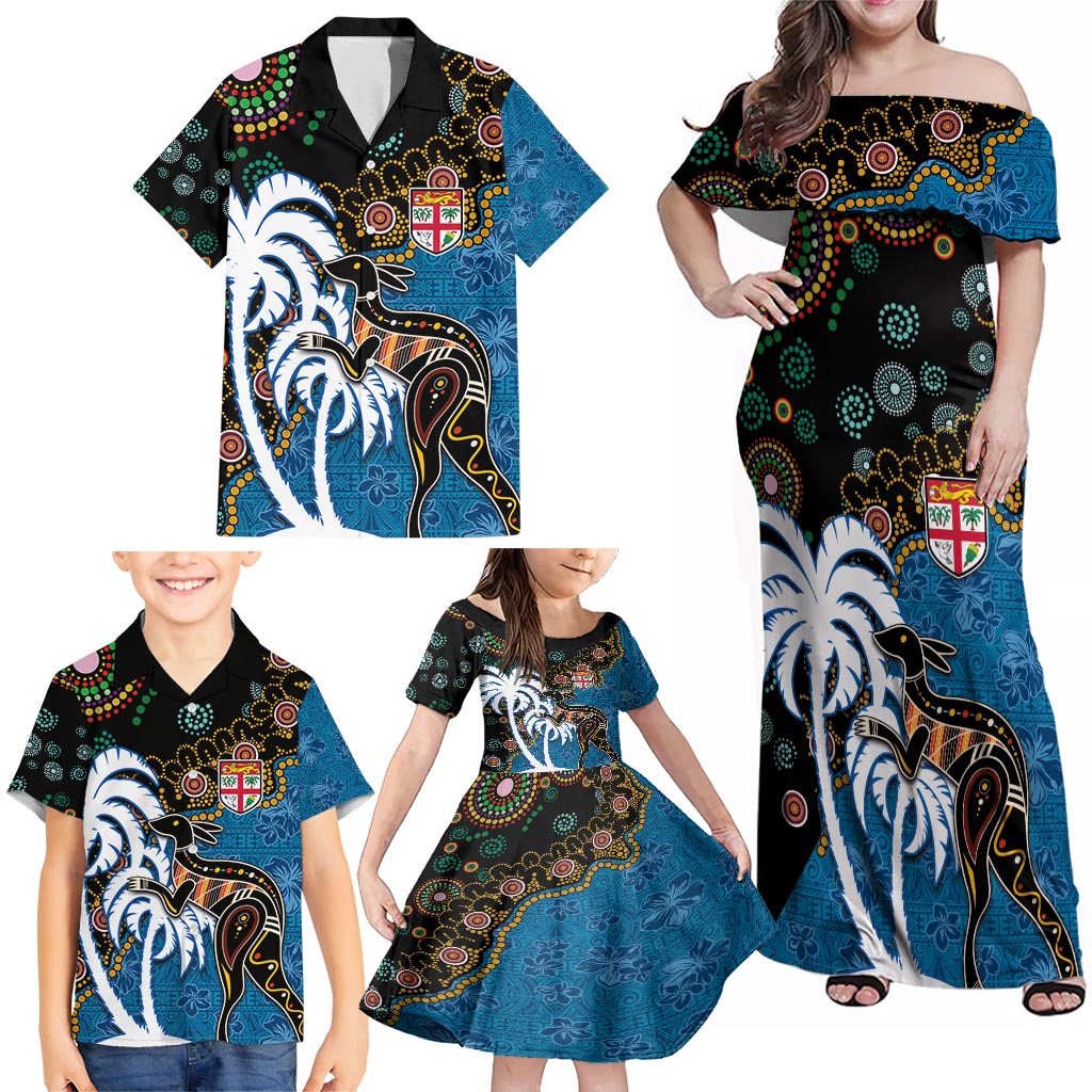 Fiji Palm Tree and Australia Kangaroo Family Matching Off Shoulder Maxi Dress and Hawaiian Shirt Aboriginal Mix Tapa Pattern LT03 - Polynesian Pride