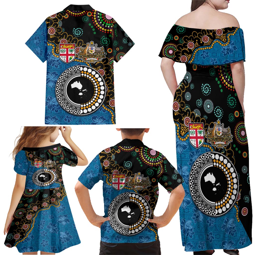 Fiji Palm Tree and Australia Kangaroo Family Matching Off Shoulder Maxi Dress and Hawaiian Shirt Aboriginal Mix Tapa Pattern LT03 - Polynesian Pride