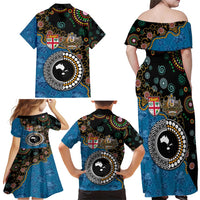 Fiji Palm Tree and Australia Kangaroo Family Matching Off Shoulder Maxi Dress and Hawaiian Shirt Aboriginal Mix Tapa Pattern LT03 - Polynesian Pride