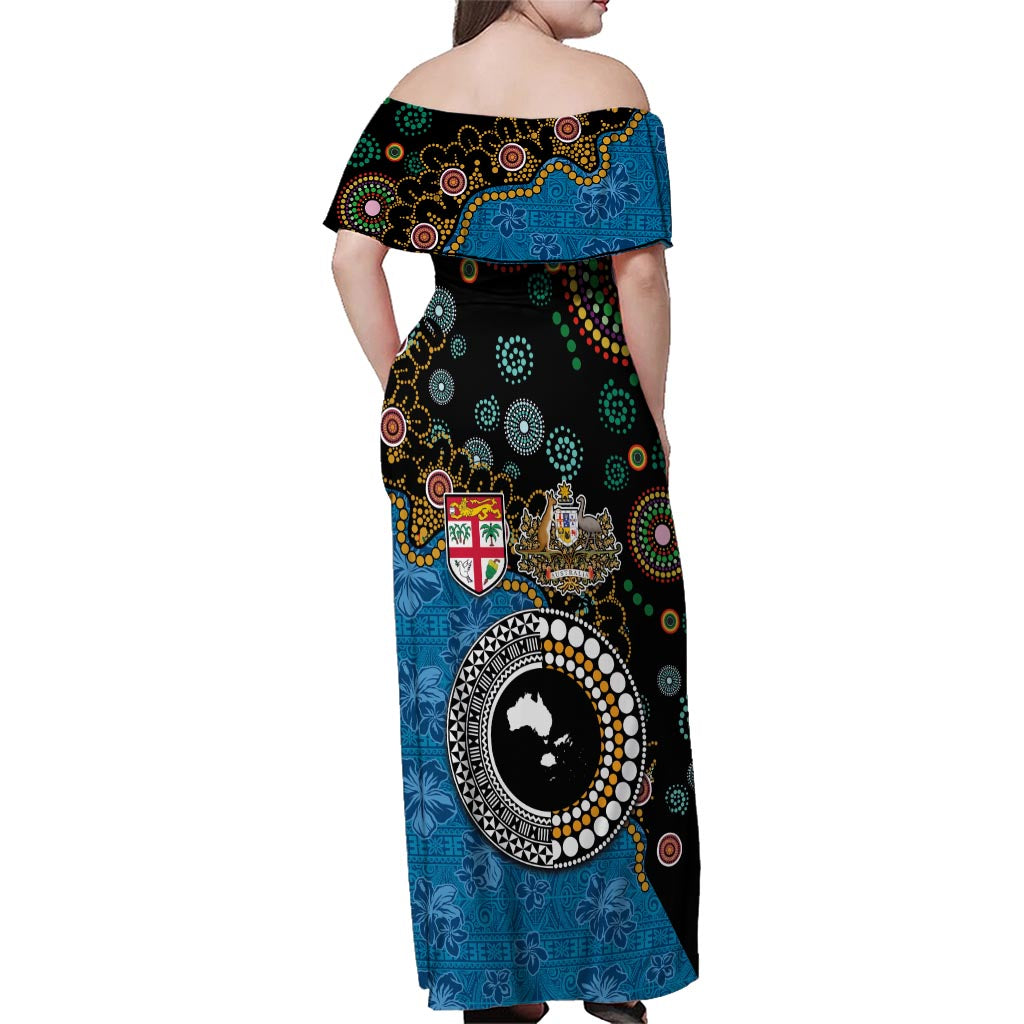 Fiji Palm Tree and Australia Kangaroo Family Matching Off Shoulder Maxi Dress and Hawaiian Shirt Aboriginal Mix Tapa Pattern LT03 - Polynesian Pride