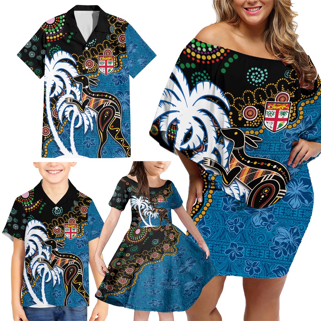 Fiji Palm Tree and Australia Kangaroo Family Matching Off Shoulder Short Dress and Hawaiian Shirt Aboriginal Mix Tapa Pattern LT03 - Polynesian Pride