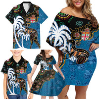 Fiji Palm Tree and Australia Kangaroo Family Matching Off Shoulder Short Dress and Hawaiian Shirt Aboriginal Mix Tapa Pattern LT03 - Polynesian Pride