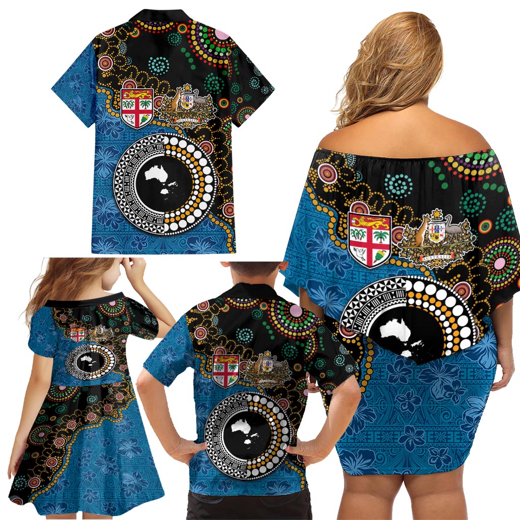 Fiji Palm Tree and Australia Kangaroo Family Matching Off Shoulder Short Dress and Hawaiian Shirt Aboriginal Mix Tapa Pattern LT03 - Polynesian Pride