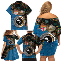 Fiji Palm Tree and Australia Kangaroo Family Matching Off Shoulder Short Dress and Hawaiian Shirt Aboriginal Mix Tapa Pattern LT03 - Polynesian Pride