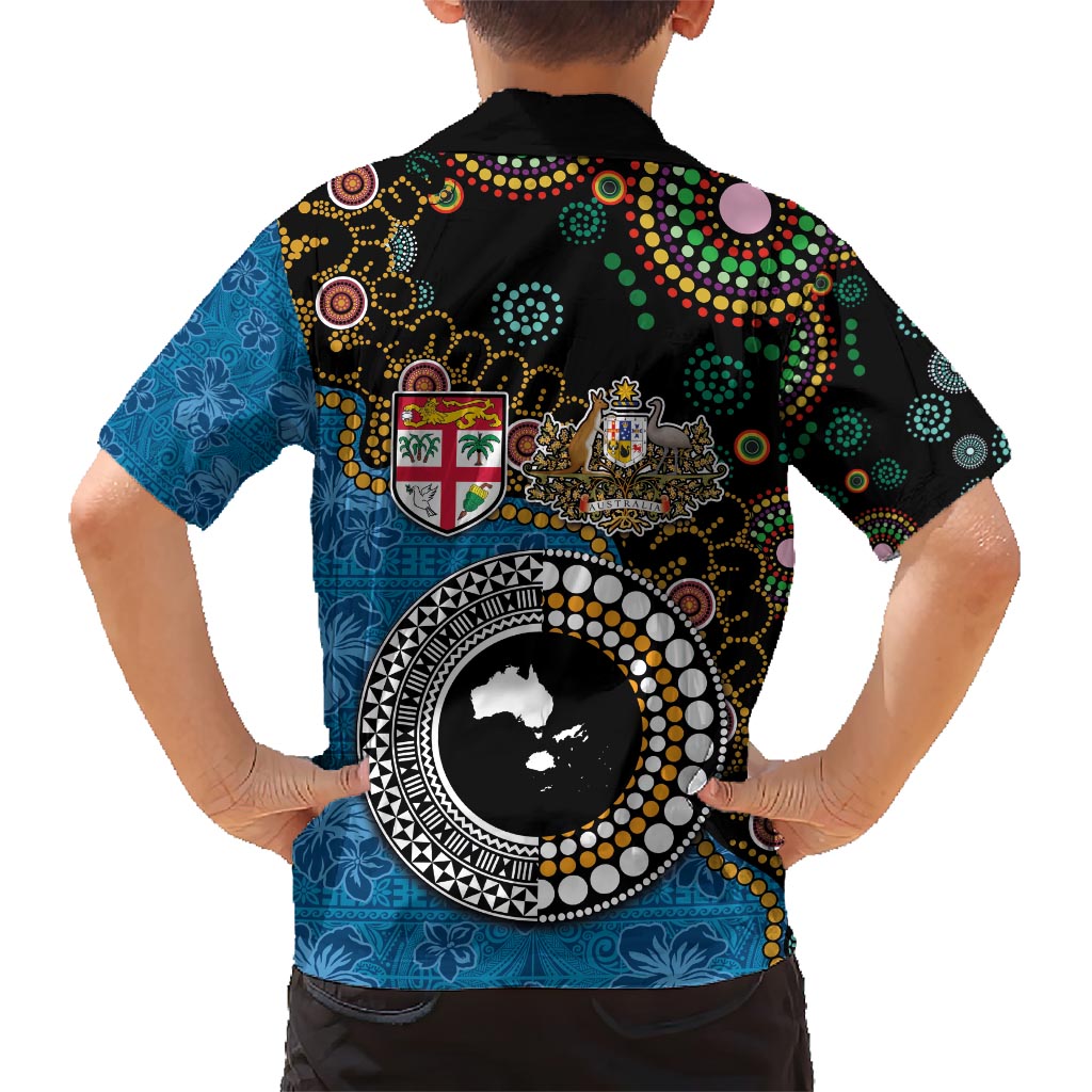 Fiji Palm Tree and Australia Kangaroo Family Matching Short Sleeve Bodycon Dress and Hawaiian Shirt Aboriginal Mix Tapa Pattern LT03 - Polynesian Pride