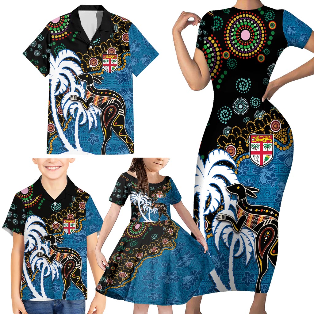 Fiji Palm Tree and Australia Kangaroo Family Matching Short Sleeve Bodycon Dress and Hawaiian Shirt Aboriginal Mix Tapa Pattern LT03 - Polynesian Pride