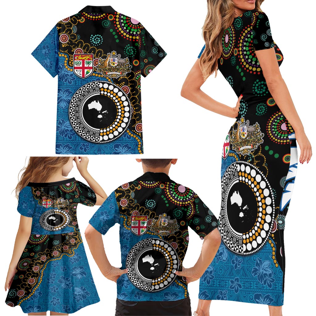 Fiji Palm Tree and Australia Kangaroo Family Matching Short Sleeve Bodycon Dress and Hawaiian Shirt Aboriginal Mix Tapa Pattern LT03 - Polynesian Pride