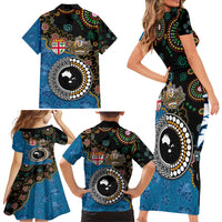Fiji Palm Tree and Australia Kangaroo Family Matching Short Sleeve Bodycon Dress and Hawaiian Shirt Aboriginal Mix Tapa Pattern LT03 - Polynesian Pride