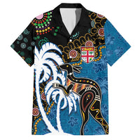 Fiji Palm Tree and Australia Kangaroo Family Matching Short Sleeve Bodycon Dress and Hawaiian Shirt Aboriginal Mix Tapa Pattern LT03 Dad's Shirt - Short Sleeve Blue - Polynesian Pride