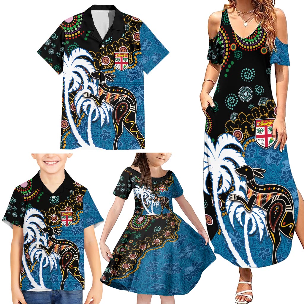 Fiji Palm Tree and Australia Kangaroo Family Matching Summer Maxi Dress and Hawaiian Shirt Aboriginal Mix Tapa Pattern LT03 - Polynesian Pride
