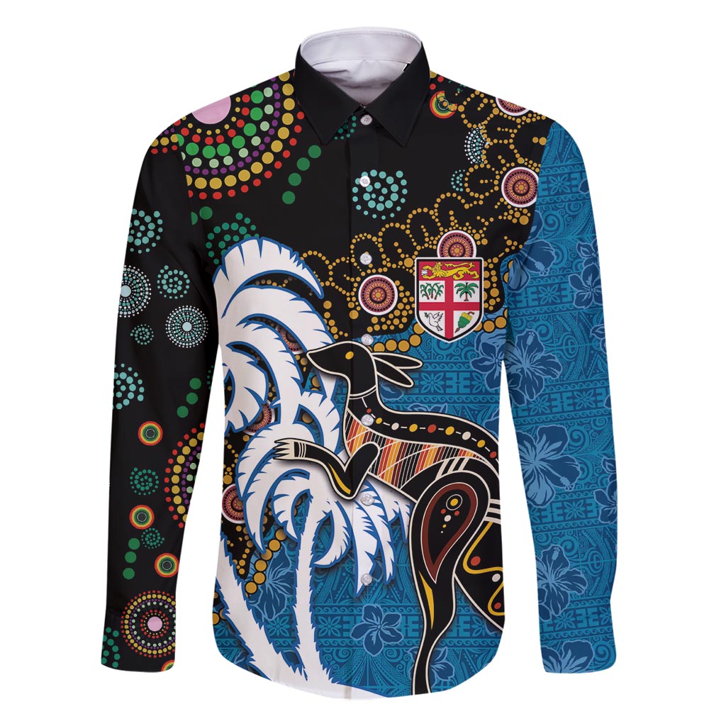 Fiji Palm Tree and Australia Kangaroo Family Matching Summer Maxi Dress and Hawaiian Shirt Aboriginal Mix Tapa Pattern LT03 Dad's Shirt - Long Sleeve Blue - Polynesian Pride