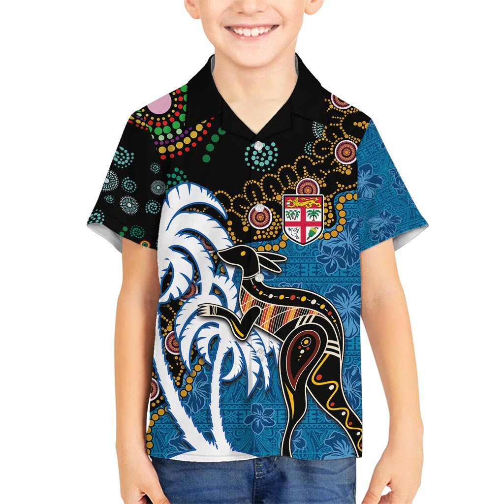 Fiji Palm Tree and Australia Kangaroo Family Matching Summer Maxi Dress and Hawaiian Shirt Aboriginal Mix Tapa Pattern LT03 Son's Shirt Blue - Polynesian Pride