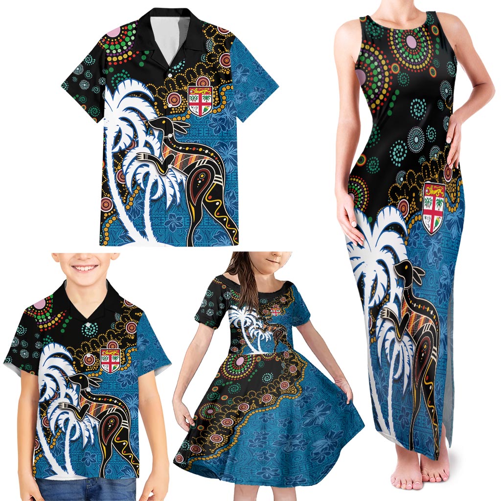 Fiji Palm Tree and Australia Kangaroo Family Matching Tank Maxi Dress and Hawaiian Shirt Aboriginal Mix Tapa Pattern LT03 - Polynesian Pride