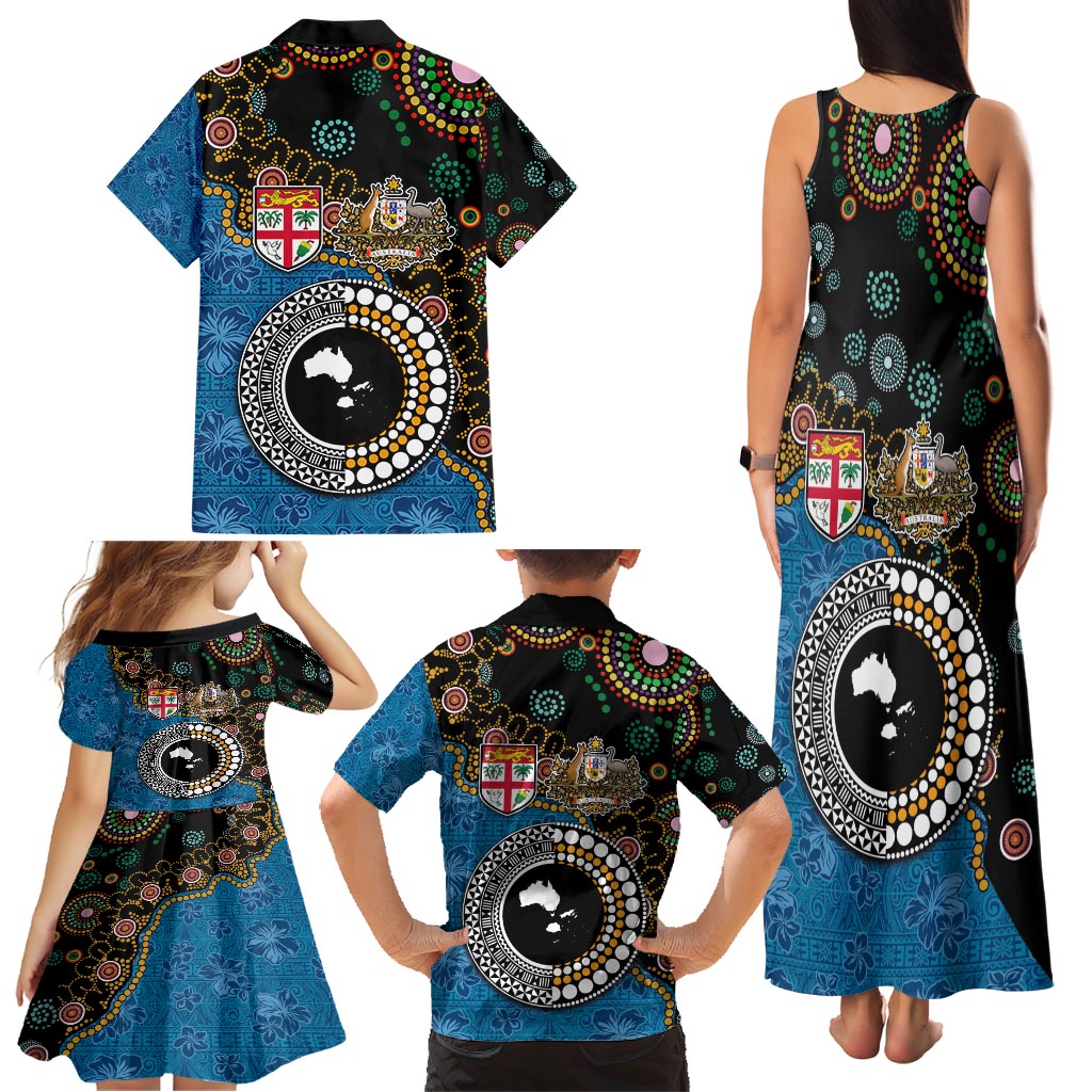 Fiji Palm Tree and Australia Kangaroo Family Matching Tank Maxi Dress and Hawaiian Shirt Aboriginal Mix Tapa Pattern LT03 - Polynesian Pride