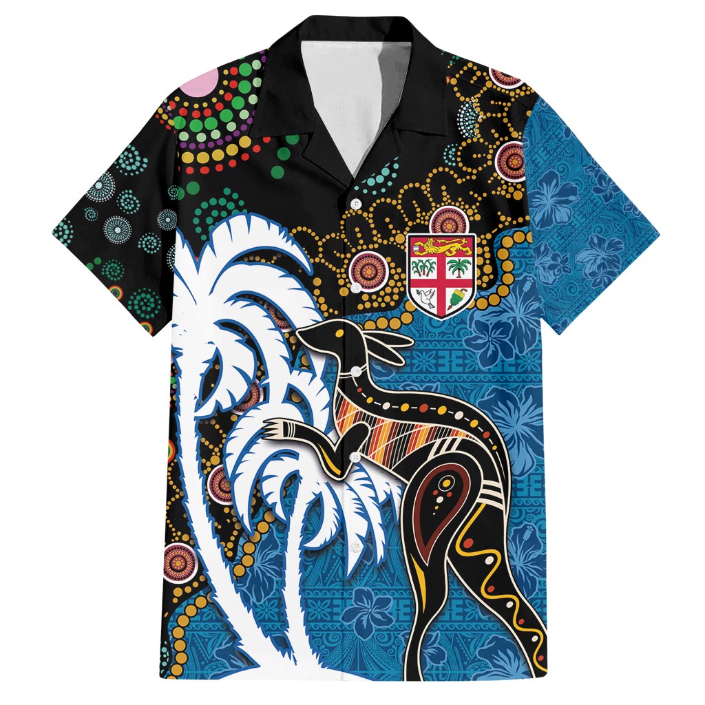 Fiji Palm Tree and Australia Kangaroo Family Matching Tank Maxi Dress and Hawaiian Shirt Aboriginal Mix Tapa Pattern LT03 Dad's Shirt - Short Sleeve Blue - Polynesian Pride