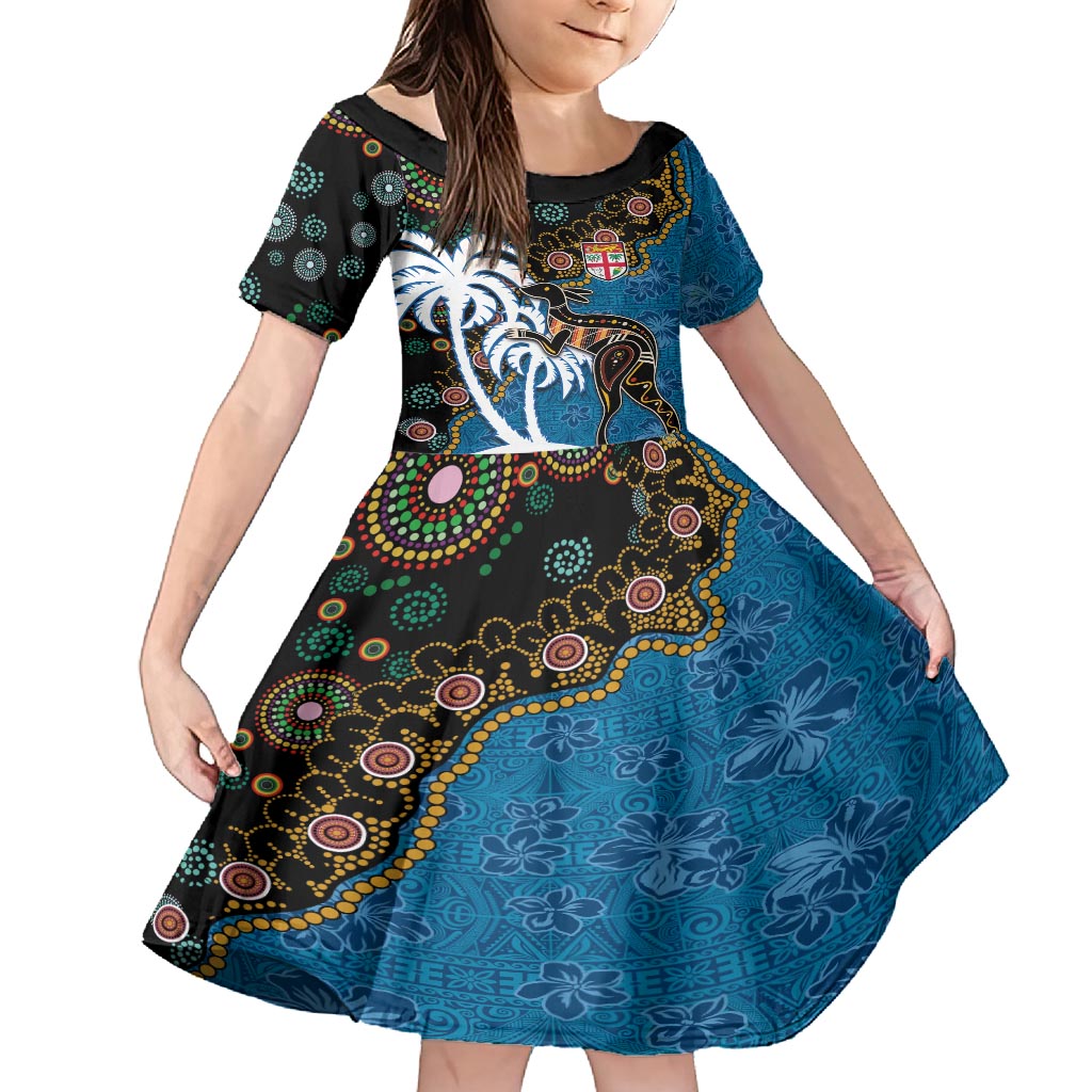 Fiji Palm Tree and Australia Kangaroo Kid Short Sleeve Dress Aboriginal Mix Tapa Pattern LT03 KID Blue - Polynesian Pride
