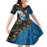 Fiji Palm Tree and Australia Kangaroo Kid Short Sleeve Dress Aboriginal Mix Tapa Pattern LT03 KID Blue - Polynesian Pride