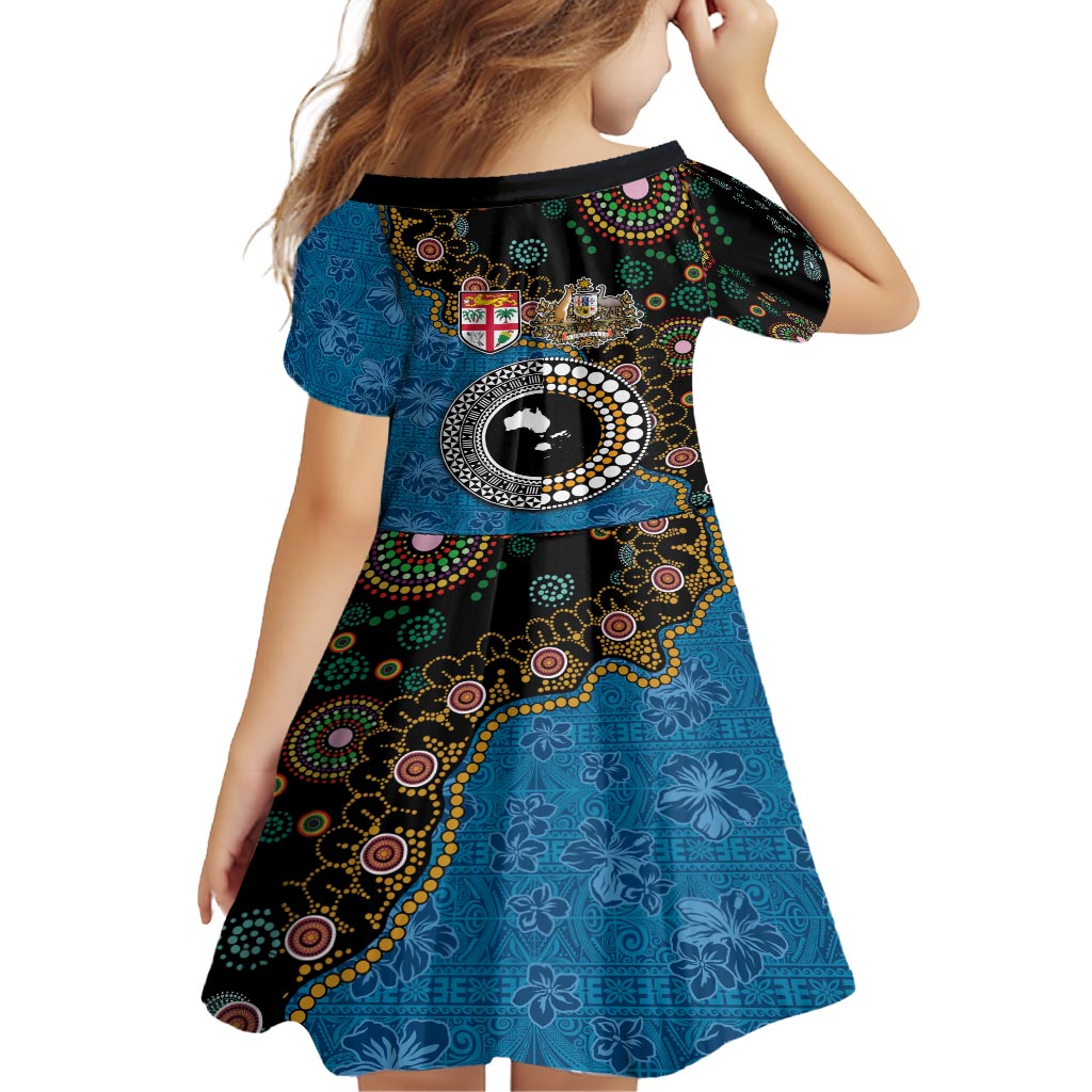 Fiji Palm Tree and Australia Kangaroo Kid Short Sleeve Dress Aboriginal Mix Tapa Pattern LT03 - Polynesian Pride