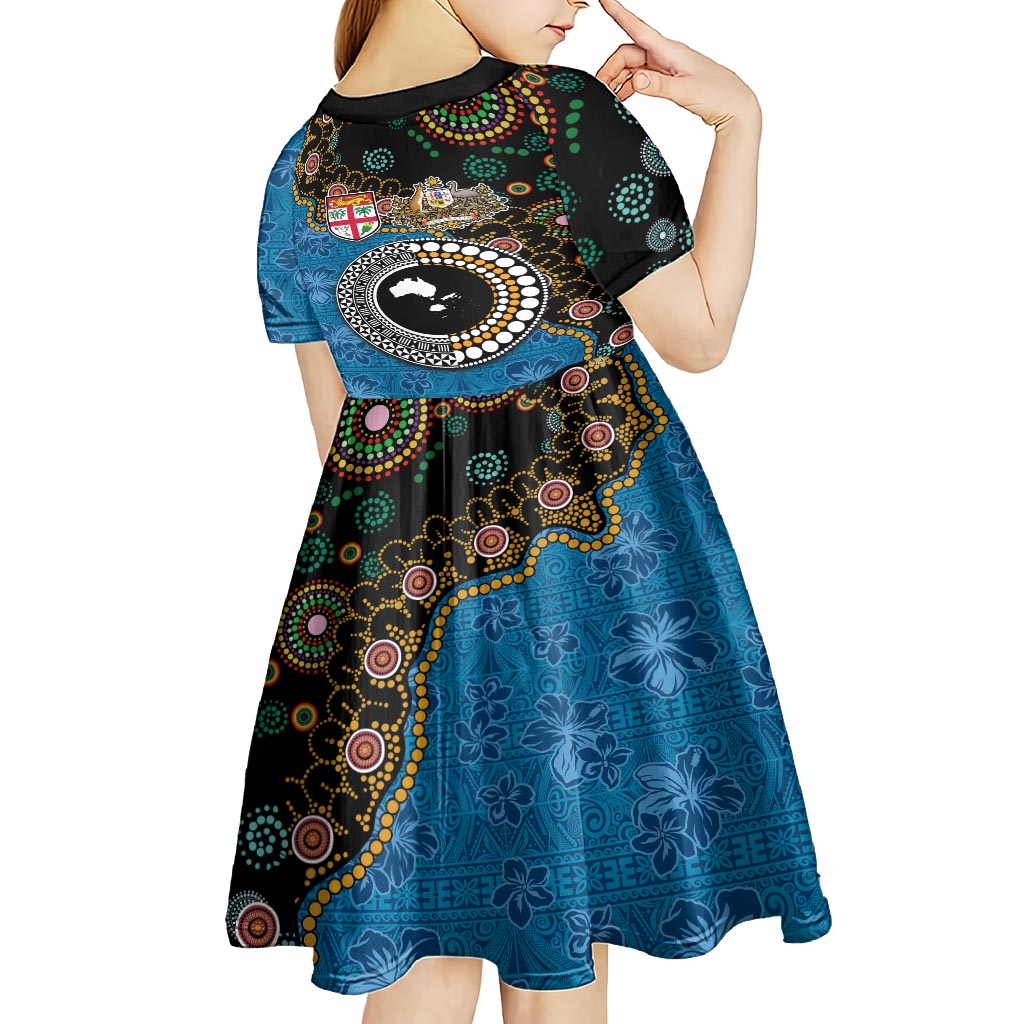 Fiji Palm Tree and Australia Kangaroo Kid Short Sleeve Dress Aboriginal Mix Tapa Pattern LT03 - Polynesian Pride