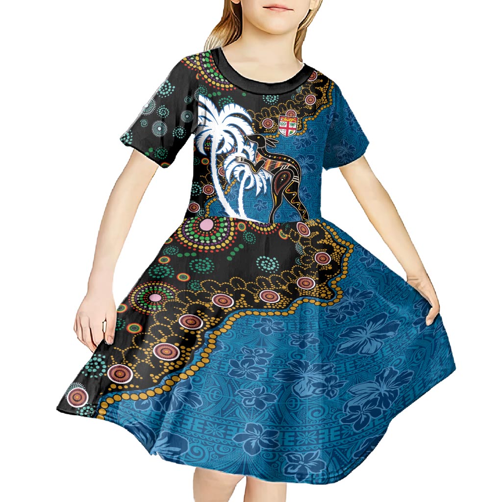 Fiji Palm Tree and Australia Kangaroo Kid Short Sleeve Dress Aboriginal Mix Tapa Pattern LT03 - Polynesian Pride