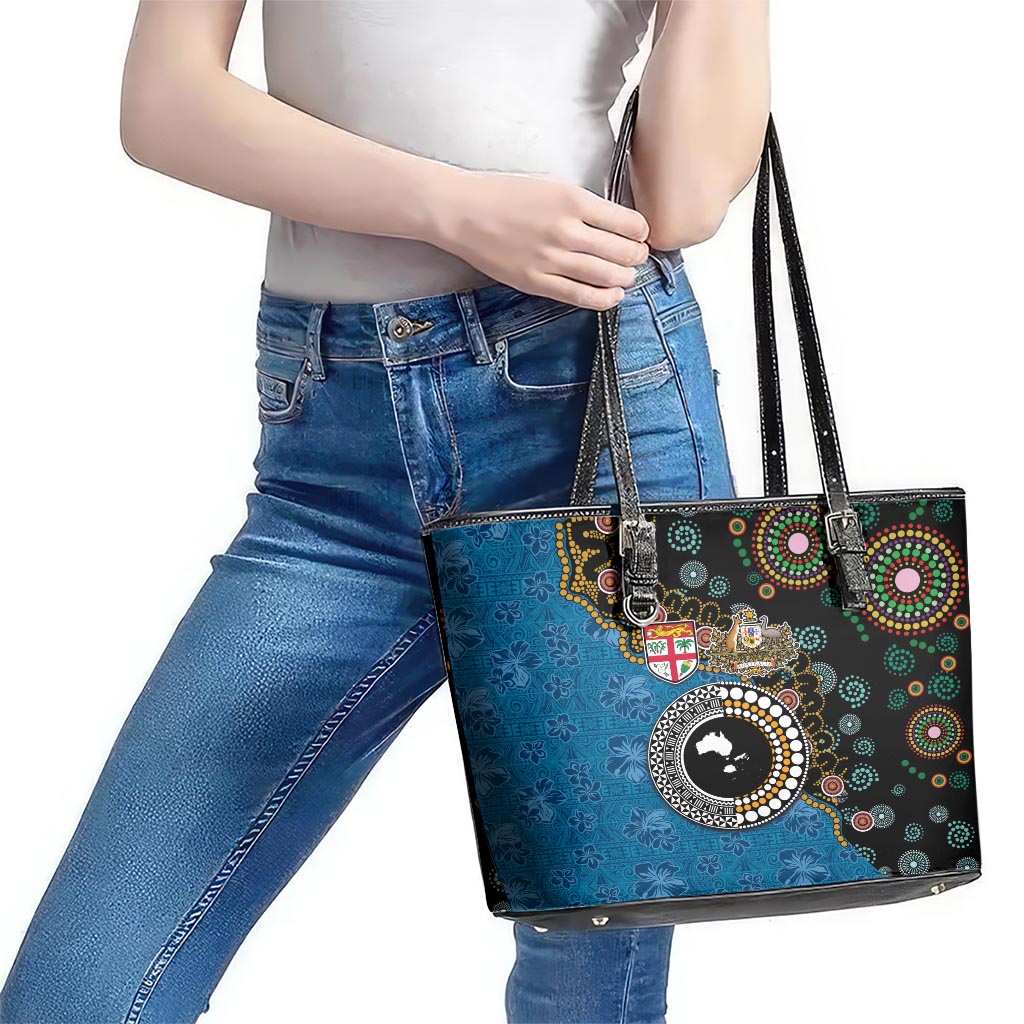 Fiji Palm Tree and Australia Kangaroo Leather Tote Bag Aboriginal Mix Tapa Pattern