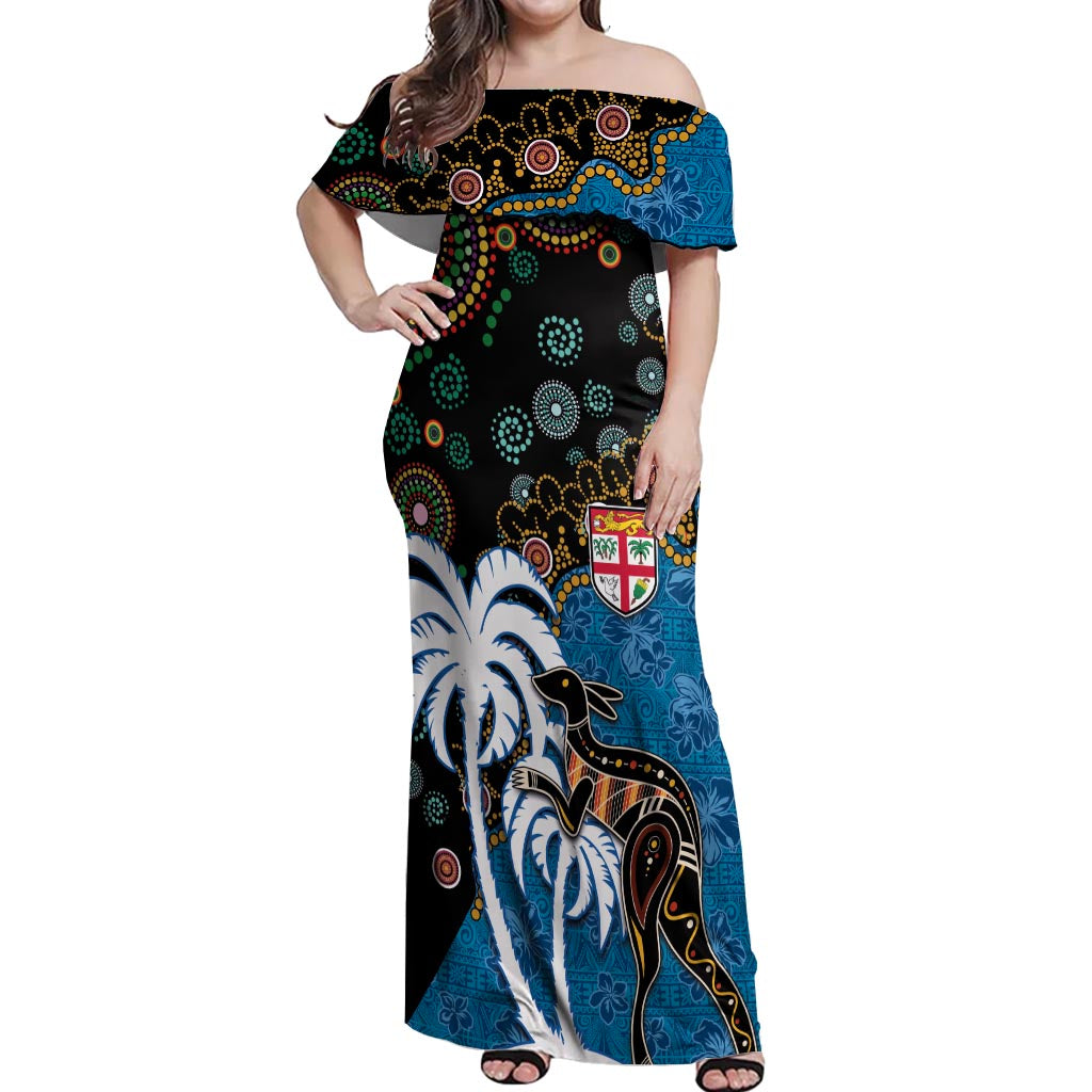 Fiji Palm Tree and Australia Kangaroo Off Shoulder Maxi Dress Aboriginal Mix Tapa Pattern LT03 Women Blue - Polynesian Pride