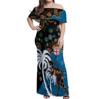 Fiji Palm Tree and Australia Kangaroo Off Shoulder Maxi Dress Aboriginal Mix Tapa Pattern LT03 Women Blue - Polynesian Pride