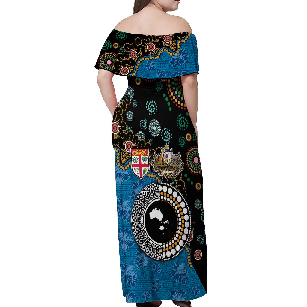 Fiji Palm Tree and Australia Kangaroo Off Shoulder Maxi Dress Aboriginal Mix Tapa Pattern LT03 - Polynesian Pride