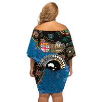 Fiji Palm Tree and Australia Kangaroo Off Shoulder Short Dress Aboriginal Mix Tapa Pattern LT03 - Polynesian Pride