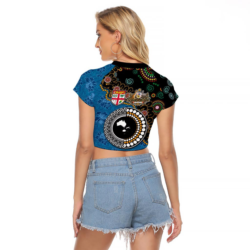 Fiji Palm Tree and Australia Kangaroo Raglan Cropped T Shirt Aboriginal Mix Tapa Pattern