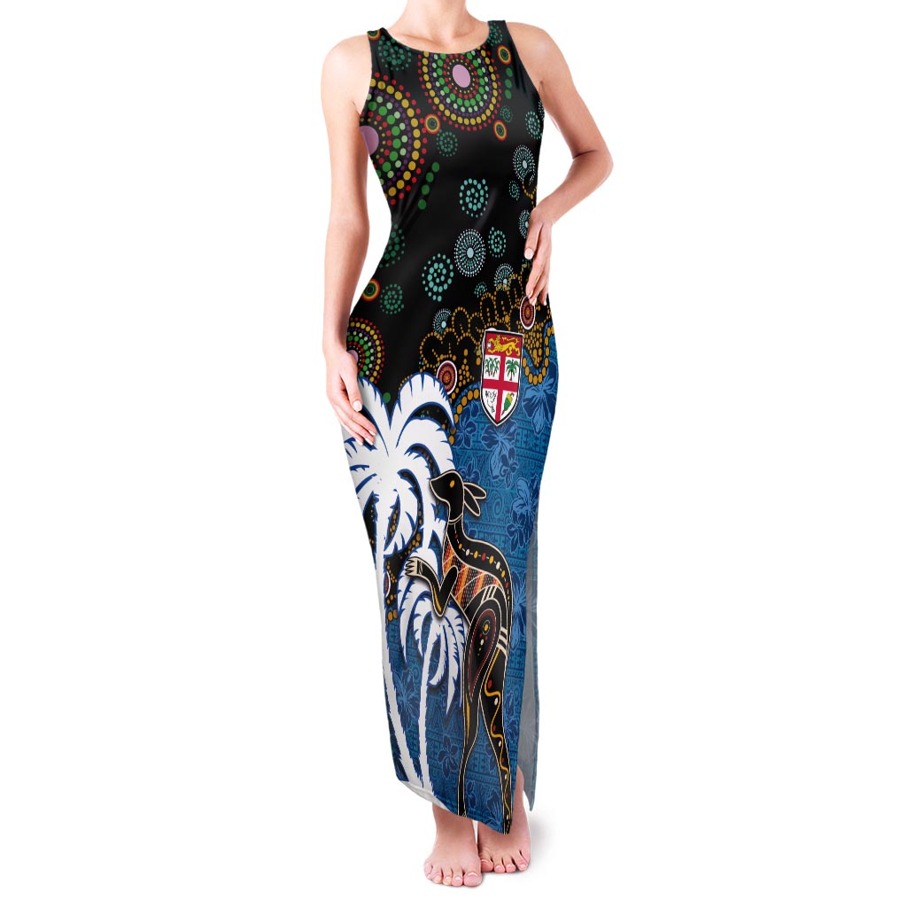 Fiji Palm Tree and Australia Kangaroo Tank Maxi Dress Aboriginal Mix Tapa Pattern LT03 Women Blue - Polynesian Pride