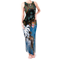 Fiji Palm Tree and Australia Kangaroo Tank Maxi Dress Aboriginal Mix Tapa Pattern LT03 Women Blue - Polynesian Pride