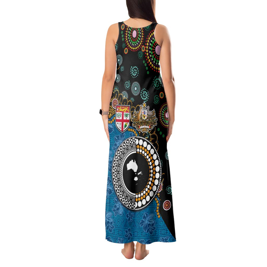 Fiji Palm Tree and Australia Kangaroo Tank Maxi Dress Aboriginal Mix Tapa Pattern LT03 - Polynesian Pride