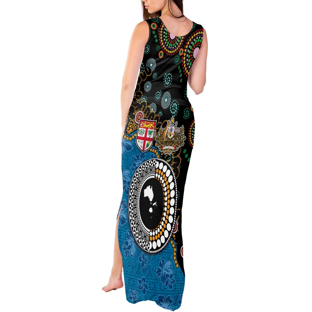 Fiji Palm Tree and Australia Kangaroo Tank Maxi Dress Aboriginal Mix Tapa Pattern LT03 - Polynesian Pride