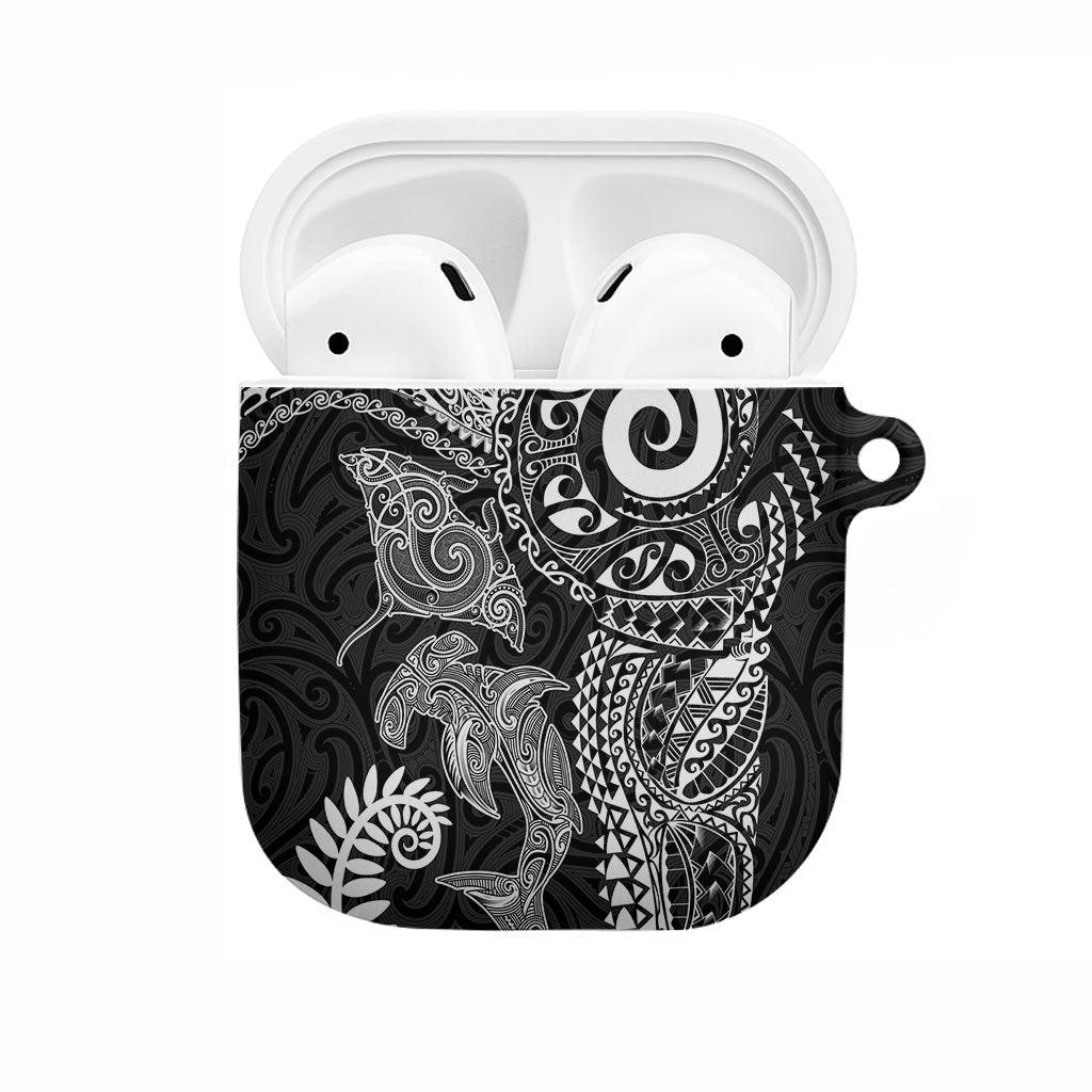 Aotearoa Maori Sea Animals Tribal AirPods Case Manta Ray and Shark Moko Pattern Black Color