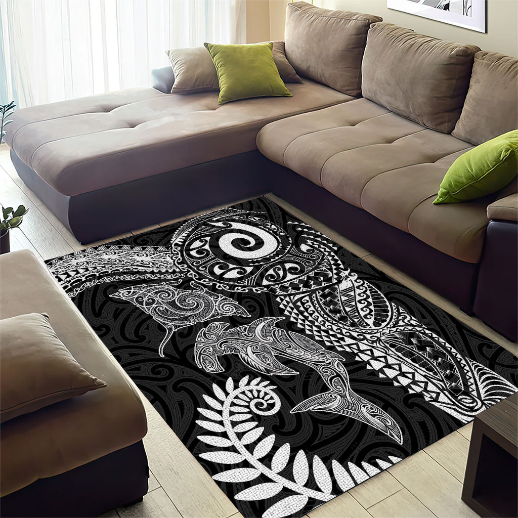 Aotearoa Maori Sea Animals Tribal Area Rug Manta Ray and Shark Moko Pattern Black Color